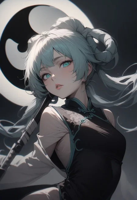 YohkoMano,1girl,solo, hair rings,long twin tails, aqua eyes, yin yang,chinese clothes,weapon,china dress, lips, thin lips, parted lips, solo, looking at viewer, camisole, masterpiece, best quality, very aesthetic