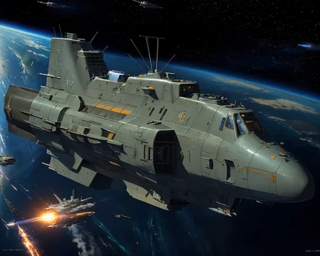 best quality,masterpiece,highly detailed,ultra-detailed,
(logh spacecraft, space_battleship   look like submarine u2  science fiction , scifi :1.1)   in orbit earth \(planet\), starry sky, nebula, beam,laser,glowing engin,
 <lora:LOGH_FPA_V02:0.6>