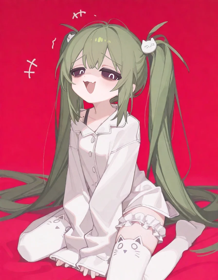 1girl, solo, HMMNT, ciloranko, ningen mame, (stifled laugh:1.2), smug,
twintails, very long hair, hair ornament, green hair, sidelocks, black sclera, white pupils, half-closed eyes, raised eyebrows, bags under eyes, white shirt, collared shirt, sleeves past wrists, bridal garter, single strap, frills, animal ear legwear, cat ear leagwear, white thighhighs, no shoes,
very awa, masterpiece, best quality, amazing quality, absurd res, hi res, highres, tianliang duohe fangdongye <lora:748cmSDXL:0.1> <lora:H4ru_style:0.4> <lora:ma1ma1helmes_b:0.1> <lora:NanmoKaken:0.3> <lora:noobai_vpred_1_masterpieces_v23:1> <lora:39neko:1>