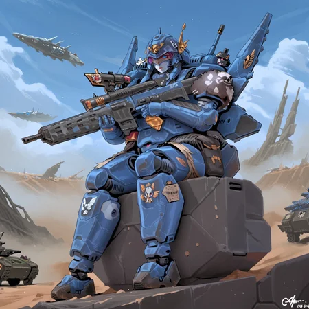 safe_pos, uaf-character, |||, helmet, holding weapon, day, cloud, rifle, gun, military vehicles, mecha musume, assault rifle, mecha, concrete, city,windows, robot leg, robot arm, airplane, tank, sitting on the tank holding gun, 1girl, sky, outdoors, weapon, robot, holding, uaf_neuko, 80swa, Expressiveh, score_9,score_8_up,score_7_up, 8k, hd , ultra realistic, hyper realistic, detailed face, natural huge breasts, beautiful woman's face, <LoRA: uafPortraits-000110>, <LoRA: uaf Wt: 1>, pureerosface_v1, (PureErosFace_V1:0.8), load bearing vest, sling, power armor, space marine, blue and grey armor, predtank