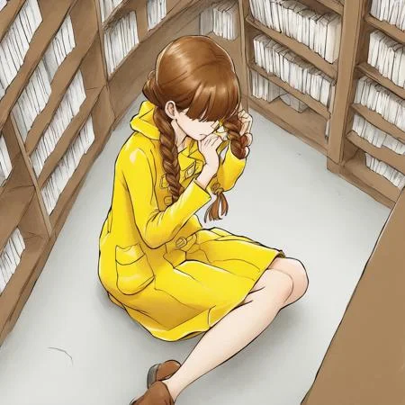 high res, good quality, accurate face, ((high resolution:1.2), (hi-res:1.2), masterpiece, best quality), ng_deepnegative_v1_75t, easynegative, fcNeg, bird-view, Young girl wearing a yellow raincoat, Girl with braided hair, Long brown hair, girl's hair covering eyes, Pale white skin, young girl lost in a library, windows in the background, young Girl looking around the library