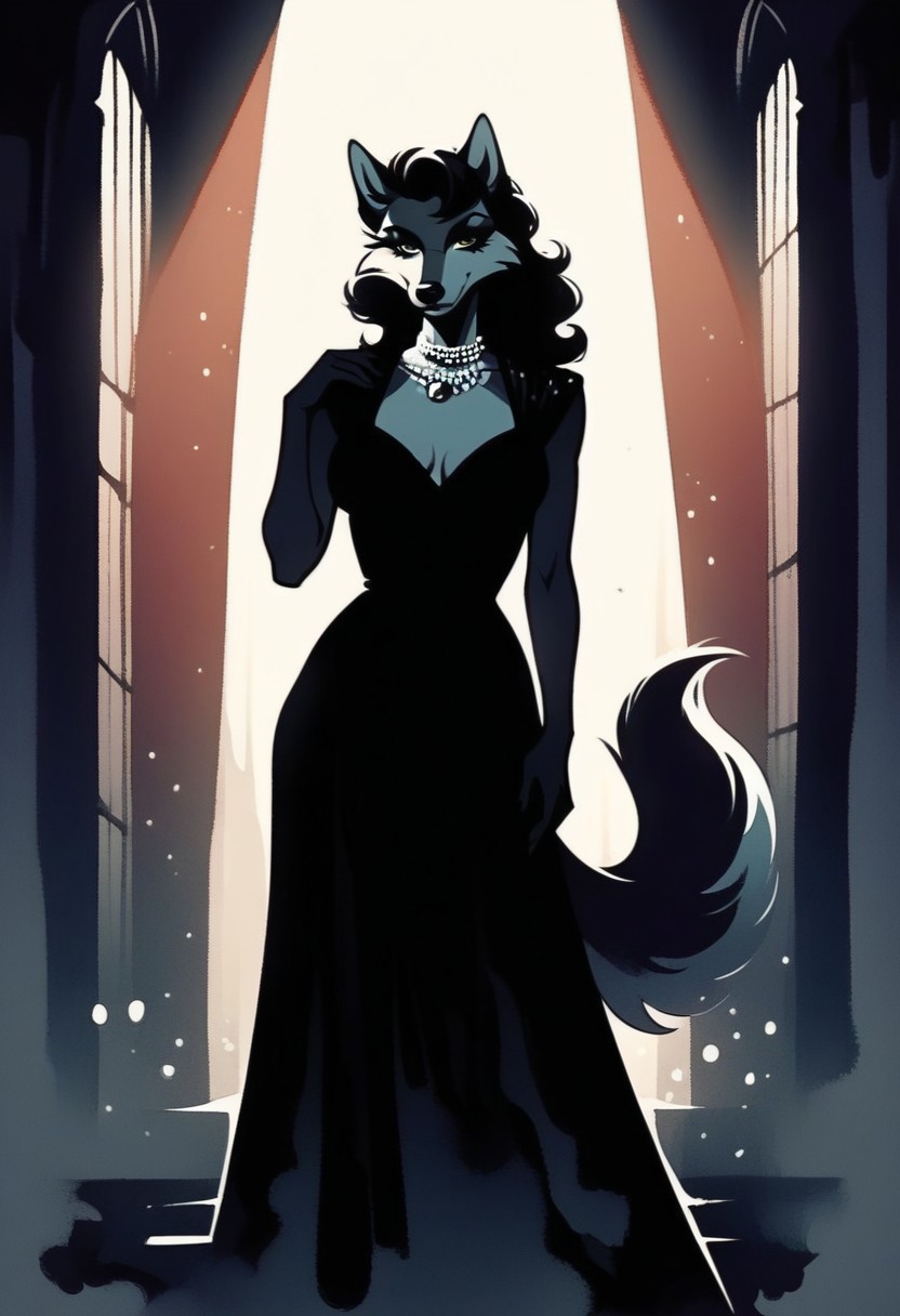 score_9, score_8_up, score_7_up, perfecteyes ,boring_sdxl_v1: 1, best quality,different eye colour , ,las vegas,woman,anthro wolf,evening gown, ,pathos,heavy luxe,, black dress,jewellery,black  stockings ,dark theme, low light, ,noir,star brilliance