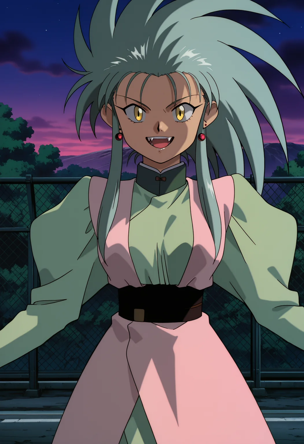 ry0, 1girl, solo, spiked hair, yellow eyes, long hair, earrings, looking at viewer, smile, open mouth, teeth, fangs, night, outdoors, medium breasts, cowboy shot, anime screencap, anime coloring