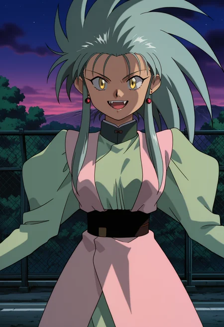 ry0, 1girl, solo, spiked hair, yellow eyes, long hair, earrings, looking at viewer, smile, open mouth, teeth, fangs, night, outdoors, medium breasts, cowboy shot, anime screencap, anime coloring