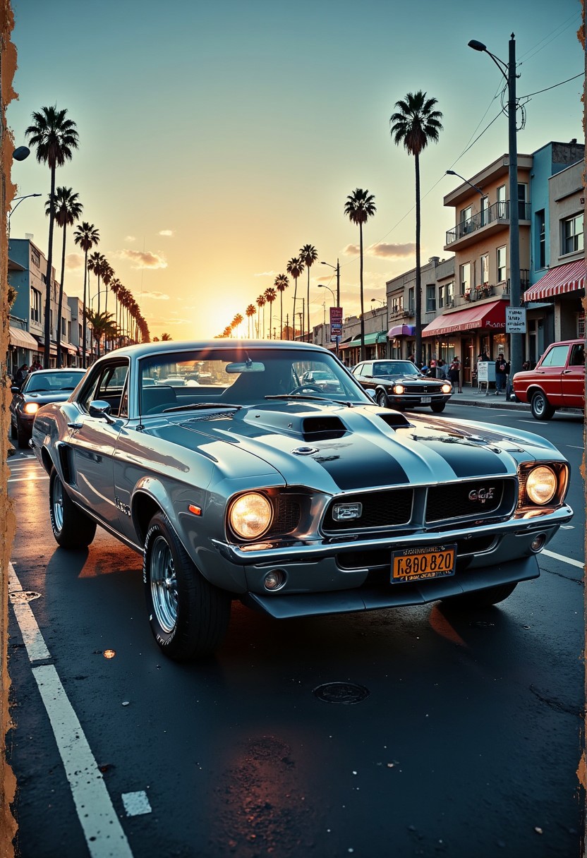A nostalgically crafted relic of the past, a meticulously restored deep silver pearlescent classic 60's muscle car cruises through the dusk streets with an intimidating elegance. The vintage vehicle gleams with a lustrous sheen, showcasing its aerodynamic lines and sharp accents as it cruises along the asphalt. This evocative scene is captured in a vividly detailed oil painting, where every brushstroke highlights the car's classic styling and pristine condition. Impeccably rendered, this image transports viewers to a bygone era of automotive luxury and style. secretlab