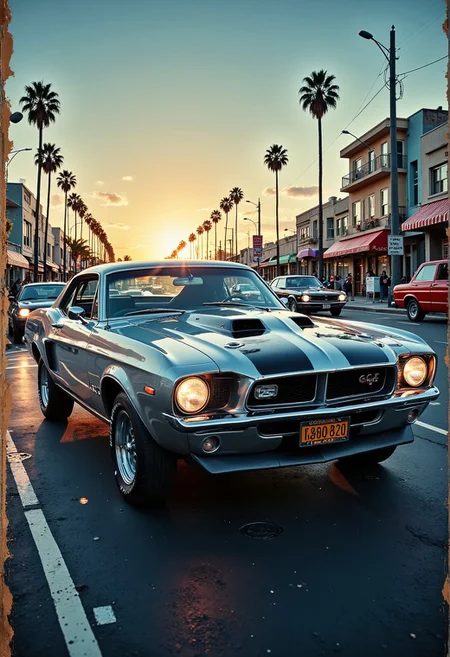 A nostalgically crafted relic of the past, a meticulously restored deep silver pearlescent classic 60's muscle car cruises through the dusk streets with an intimidating elegance. The vintage vehicle gleams with a lustrous sheen, showcasing its aerodynamic lines and sharp accents as it cruises along the asphalt. This evocative scene is captured in a vividly detailed oil painting, where every brushstroke highlights the car's classic styling and pristine condition. Impeccably rendered, this image transports viewers to a bygone era of automotive luxury and style. secretlab