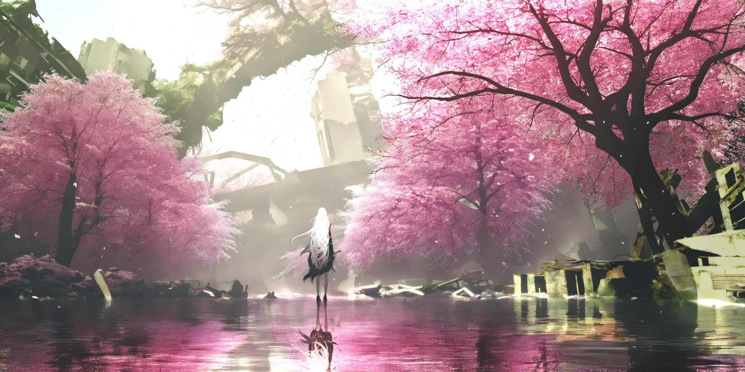 1girl, solo, long hair, ruins, standing, from behind, cherry blossoms, white hair, tree, very long hair <lora:lifelineXL_NB11_lokr_V6311P:0.95>