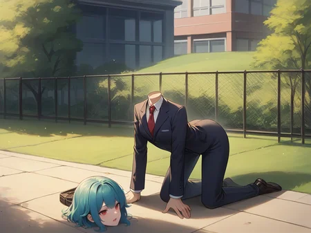 score_9,score_8_up,score_7_up,score_6_up,score_5_up,score_4_up, source_anime BREAK disembodied_head, + head with red eyes glowing cyan hair, formal suit, all fours, outdoors <lora:sdxlpony_disembodiedhead-t1-000006:1.2>