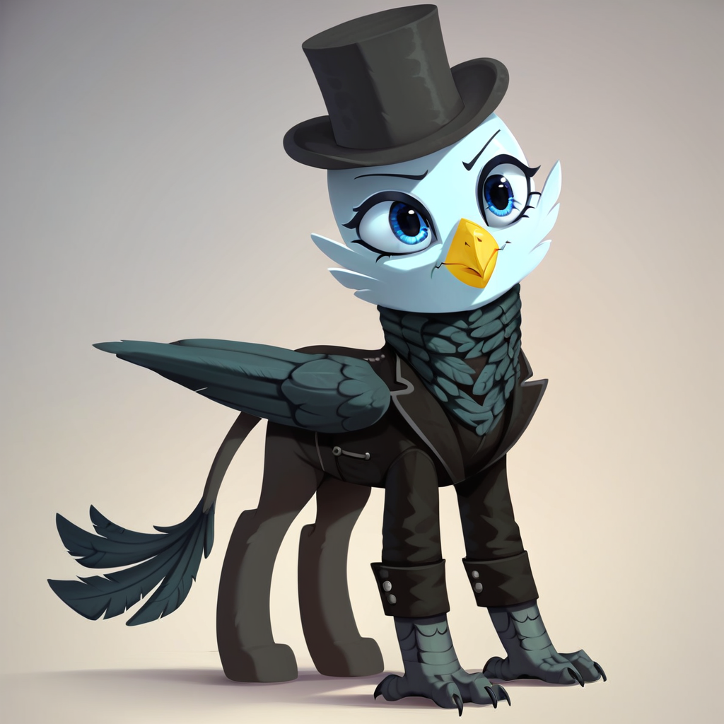 masterpiece, score_9_up, score_8_up, score_7_up, score_6_up, (best quality:1.1), ultra-detailed, high resolution, solo, Genevieve Guildedwing, griffon, mlp, avian, feral, female, thin eyebrows, blue eyes, long eyelashes, yellow beak, bright feathers, feathery ears, dressed, black coat, top hat, scarf, monocle, standing, full body, expressiveh, simple background, highly visible, sharp focus, anatomically correct