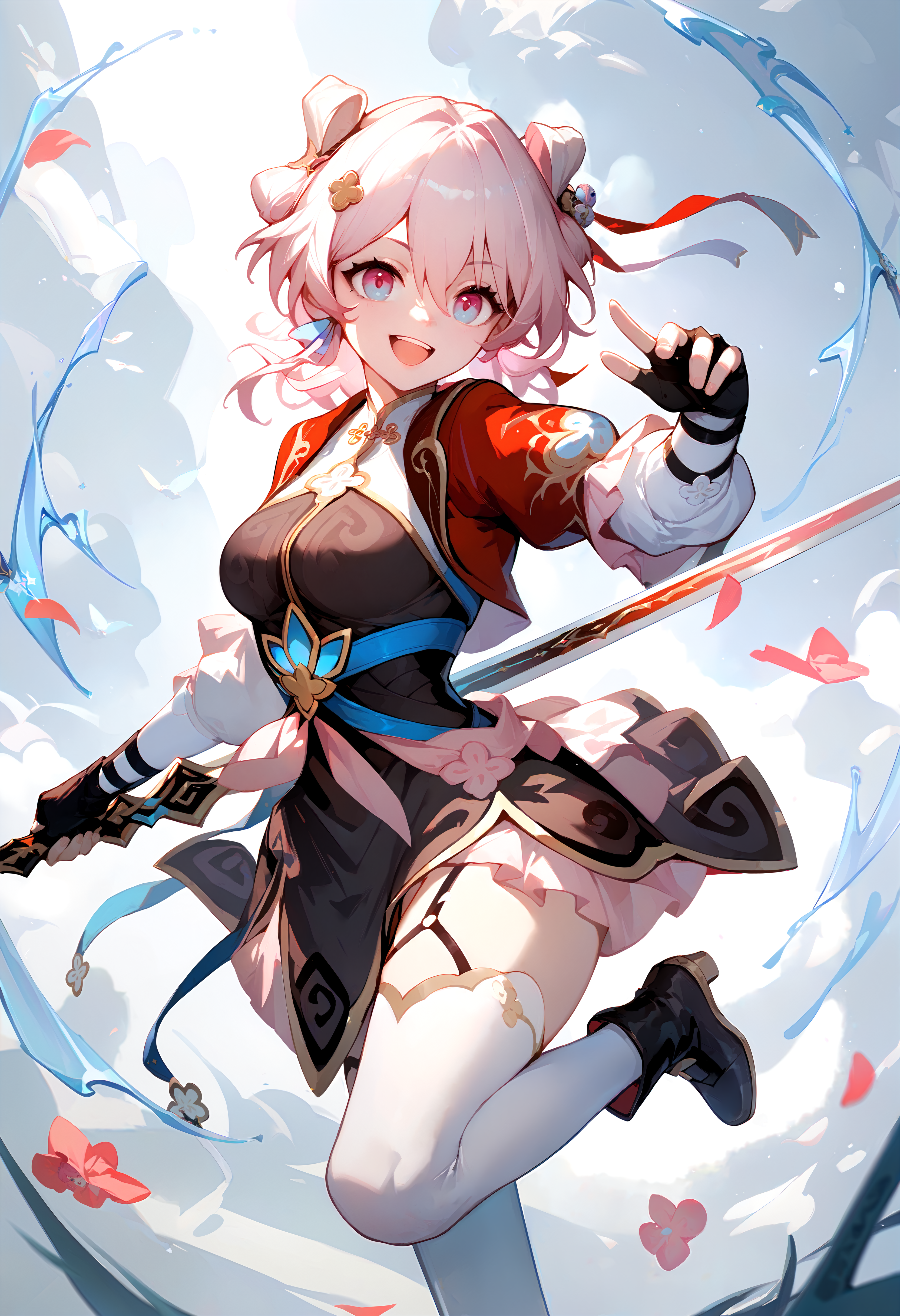 (score_9, score_8_up, score_7_up), 1girl, march7th \(hunt\), double bun, fingerless gloves, white legwear, black boots, holding sword, smile, open mouth, standing on one leg, <lora:march7th-strPO-v1AR:0.9>