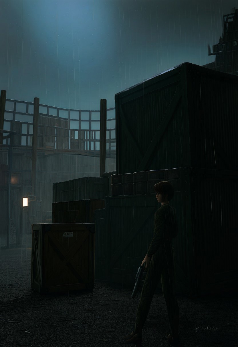 (score_9, score_8_up, score_7_up),
(3d, Soft Lighting, High Detail, High Resolution,)
(Industrial Background, Grate, Crate, Warehouse, New York, Raining),
(Soldier, Holding Weapon, Pistol, Silhouette, Backlit, Cyan Lighting)