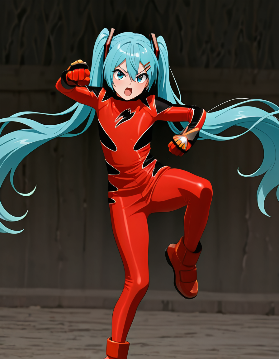 masterpiece, best quality, amazing quality, very aesthetic, absurdres, newest,shiny skin  (((anime screenshot:1))),  anime coloring,   hatsune miku,  twintails,  blue hair,  fighting stance,  hairclip  looking at viewer,  open mouth 1girl , flat chest, GEKIRED, robot, solo, GEKRD bodysuit, GEKRD gloves, GEKRD boots, helmetless  <lora:Jungle_Fury__Gekiranger:1>