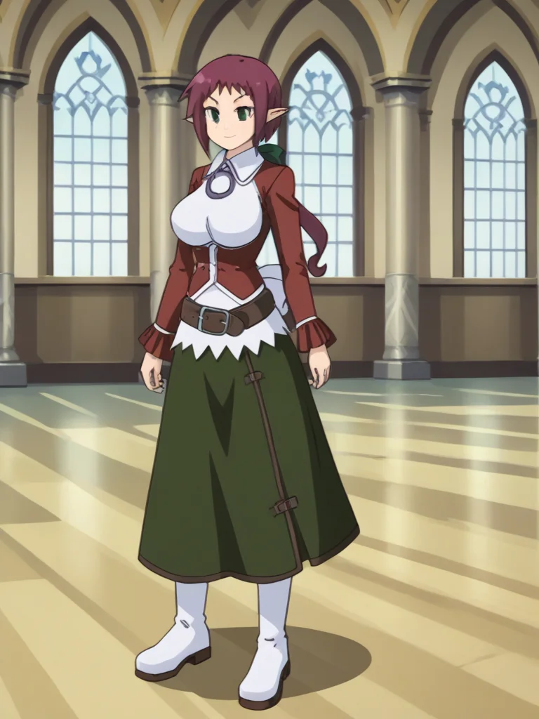 1girl, solo, sardiakamoshirenai, purple hair, ponytail, green eyes, pointy ears, large breasts, white shirt, collared shirt, hair bow, pendant, red jacket, partially open jacket, long sleeves, belt, green skirt, long skirt, back bow, white boots, indoors, mansion, standing, full body, smug, smile, serious,