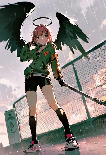 1girl,wings,halo,hood,rain,solo,gloves,hair ornament,socks,holding,bike shorts,feathered wings,hairclip,outdoors,shorts,black wings,chain-link fence,looking at viewer,fence,shoes,sign,pink hair,black gloves,bangs,black shorts,black socks,long sleeves,weapon,short hair,hooded jacket,from below,standing,brown eyes,jacket,hood up,over shoulder,kneehighs,sneakers,sky,cloud,<lora:style26-xl:0.95>