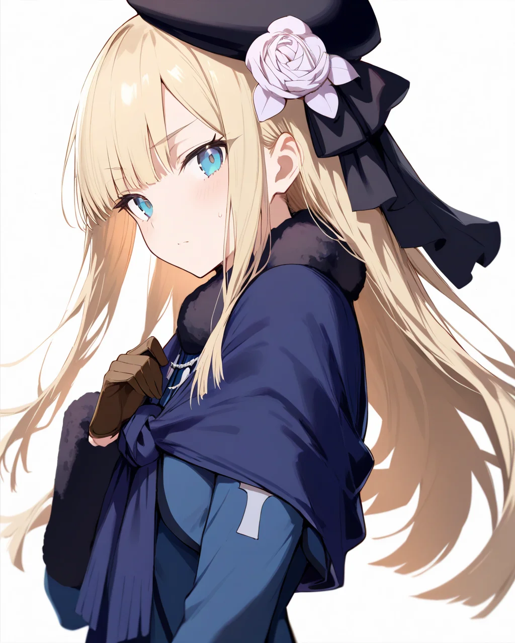 1girl,
ReinesElMelloiArchisorteFateGrandOrder,
safe, solo, dutch angle, upper body,
blonde hair, long hair, blue eyes, sidelocks, blunt bangs, straight hair,
hat, hair flower, fur collar, blue capelet, blue jacket, long sleeves, fur-trimmed sleeves, gloves, blue dress, black pantyhose, ankle boots
simple background, white background,
depth of field,
<lora:kp_ReinesElMelloiArchisorteFateGrandAnimagineXL_v1_0:1.0>,
masterpiece, high score, great score, absurdres