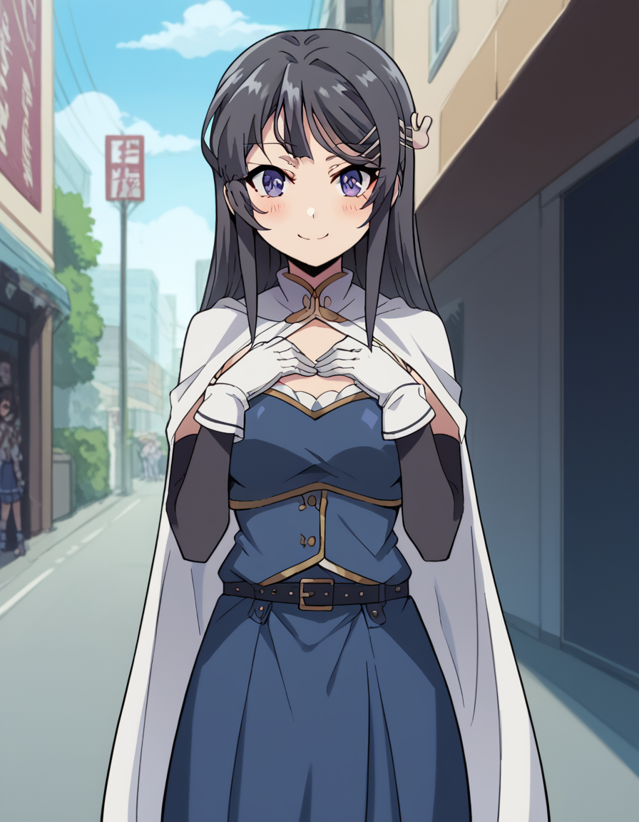 score_9, score_8_up, score_7_up, source_anime, maisakurajima, <lora:mai-sakurajima-s1-ponyxl-lora-nochekaiser:1> mai sakurajima, long hair, bangs, black hair, hair ornament, purple eyes, hairclip, rabbit hair ornament, medium breasts,, <lora:miki-sayaka-cosplay-ponyxl-lora-nochekaiser:1>, miki sayaka cosplay, miki sayaka (cosplay), belt, black sleeves, blue skirt, cape, cosplay, dress, gloves, gem, skirt, sleeveless, sleeveless dress, white cape, white gloves,, streets, outdoors, smile, blush, hands on own chest, cowboy shot, looking at viewer,