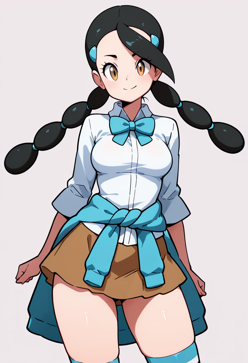 masterpiece, best quality, medium breasts, (curvy),   zzCandice,  hair ornament, twintails,  hairclip, striped socks, bowtie,  sweater around waist, brown skirt,   , <lora:CandicePokemon_NAI:1.0>,, smile, looking at viewer, cowboy shot,  ,<lora:Diives_NAI:1.0>,