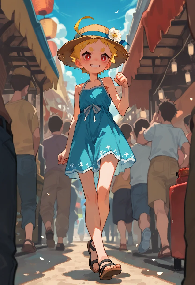 1girl,  aged down, yellow hair,  very short hair,    ahoge, crimson eye,   emaciated,  
BREAK 1girl,  Running, Crossed ankles, Dorsiflexion,           
BREAK     piercing,                  straw hat, hat flower, bare shoulders,  festival, in crowd,        
BREAK general, very awa, masterpiece, best quality, high quality, absurdres, highres, newest, <lora:Aves_v1.1:0.85>