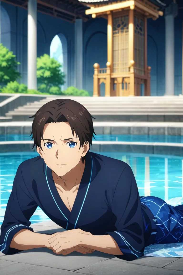 score_9, score_8_up, score_7_up, source_anime, rating_safe, intricate details, anime screencap, anime coloring, , , depth of field, 1boy, male focus, ice blue eyes, chocolate hair, pants,, solo, full body, pond, arch, japanese architecture, indoors, lying, on stomach, tearing up, <lora:sao_alicization_style_pony:0.82>, sao_alicization_style, <lora:sdxl_lightning_8step_lora:1>