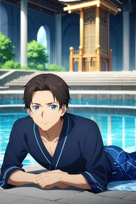 score_9, score_8_up, score_7_up, source_anime, rating_safe, intricate details, anime screencap, anime coloring, , , depth of field, 1boy, male focus, ice blue eyes, chocolate hair, pants,, solo, full body, pond, arch, japanese architecture, indoors, lying, on stomach, tearing up, <lora:sao_alicization_style_pony:0.82>, sao_alicization_style, <lora:sdxl_lightning_8step_lora:1>