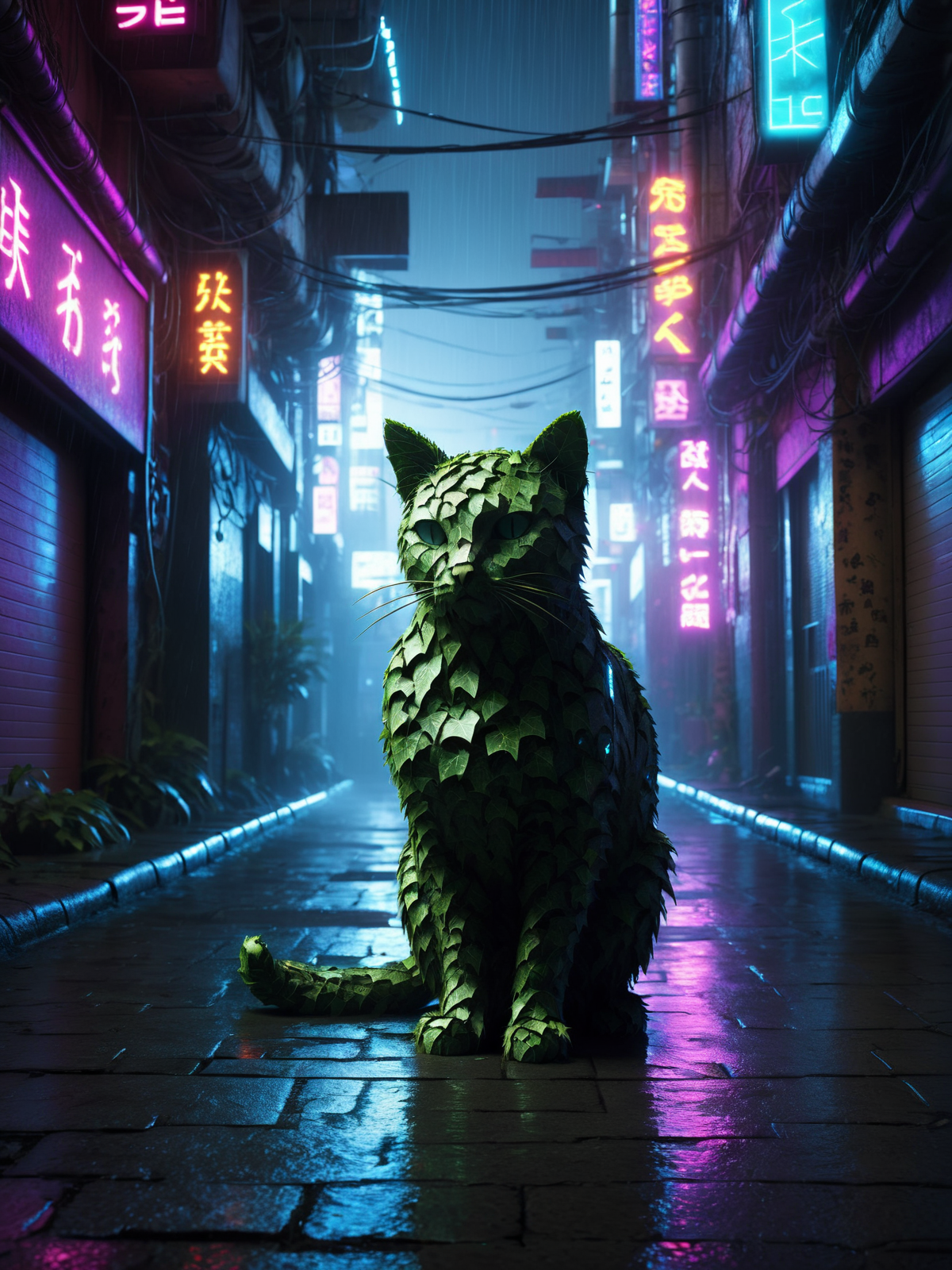 mad-efeu cat stolling through cyberpunk alley at night, rain,neon light reflects of cat, glowing eyes <lora:Ivy_SDXL:1.0>, (masterpiece:1.2), best quality, (hyperdetailed, highest detailed:1.2), high resolution textures