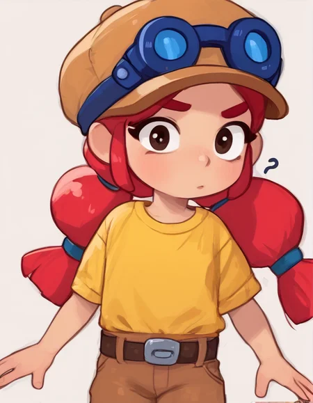 score_9, score_8_up, score_7_up, BREAK,   ,<lora:bsjessie:1>bsjessie  ,  1girl    , red hair  , hat  , goggles on headwear,  yellow shirt ,brown pants , belt ,pigtails  ,child female ,posmach <lora:PossumMachine:1> ,confused, looking at viewer,