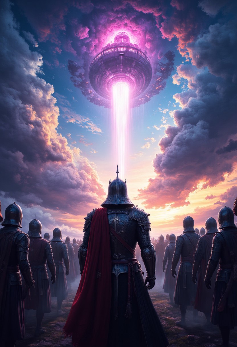First person view of a medieval warrior standing in a crowd of other knights. The crowd of knights looks up at the sky at an approaching spaceship with a pink glow. Surreal epic clouds in the sky, vibrant colors, atmosphere of uncertainty and hopelessness.. Sci-fi, hopeless, despair. midjourneyv6.1, detailmaximizer