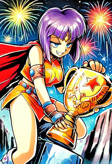 masterpiece, best quality, amazing quality, rainch, stalac, traditional media, GLOIL, solo, 1girl, medium hair, blunt cut, purple hair, gold circlet, blue eyes, armbands, orange star print crop top, red cape, orange miniskirt, belt, side slit, brown fingerless gloves, white boots, pedestal, holding large gold trophy, :d, smug, smirk, teeth, jitome, fireworks, leaning pose, celebration,