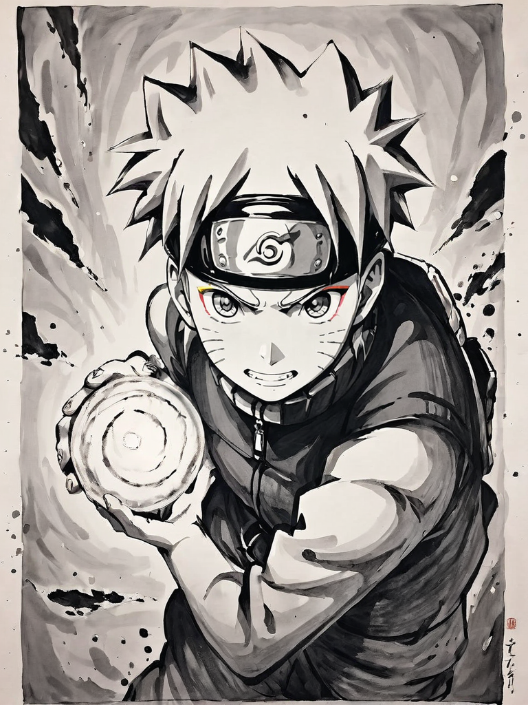 <lora:xl_shuimo-000012:1>,ink wash painting style,1boy,male focus,solo,forehead protector,monochrome,uzumaki naruto,ninja,konohagakure symbol,spot color,traditional media,greyscale,whisker markings,grin,looking at viewer,energy ball,smile,spiked hair,holding,facial mark,