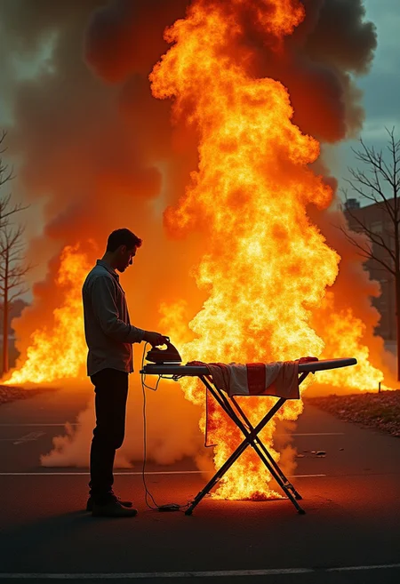 anm-onfire photo. burning fire flames, in a deserted parking lot in daytime. a man standing next to an ironing board, irons a shirt and is burning extremely detailed, yellow flames and orange flames erupt from the ironing board and the man. ideal for wallpaper art realistic movie scene