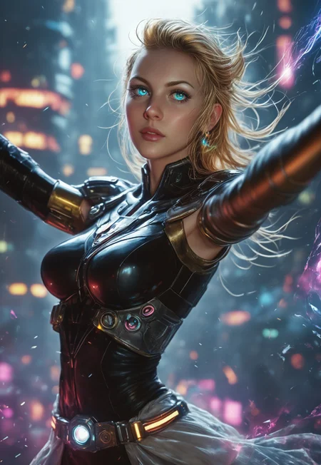 A highly detailed, realistic photo of an incredibly beautiful Caucasian woman standing boldly in a futuristic, cyberpunk cityscape. She has long, wavy golden hair that flows dramatically behind her, and her deep blue eyes gleam with determination and strength. Her fair skin is smooth and luminous, with a natural, healthy glow. She is dressed in a sleek, form-fitting cybernetic armor that accentuates her extremely voluptuous bustline and well-toned, athletic physique. The armor is adorned with glowing neon accents, highlighting her hourglass figure and powerful stance. She holds a futuristic, high-tech energy rifle, ready for action. Behind her, the city is a blend of towering neon-lit skyscrapers and ancient, mystical ruins, creating a unique fusion of cyberpunk and fantasy elements. The sky is filled with holographic advertisements and flying drones, while the air is thick with the scent of ozone and magic. The woman's expression is fierce and focused, as if she is prepared to face any challenge that comes her way
((standing, upper body shot, pose variation:1.5, alternate pose:1.5))
(8k uhd:1,4)
<lora:Dynamic Poses:1>
<lora:detailed_notrigger:1>