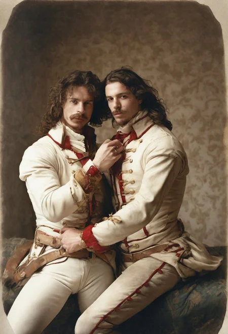 portrait of  two French male Musketeers making love, completely nude,  in room of white porcelain and gold, 38-year-old, penis, handsome, scar across chest, fierce looking, dynamic pose, intimate, 17th century style, masterpiece drawing,(faded&glossy polaroid with red and gold highlights), context, vastness++, 4k, ac_neg1