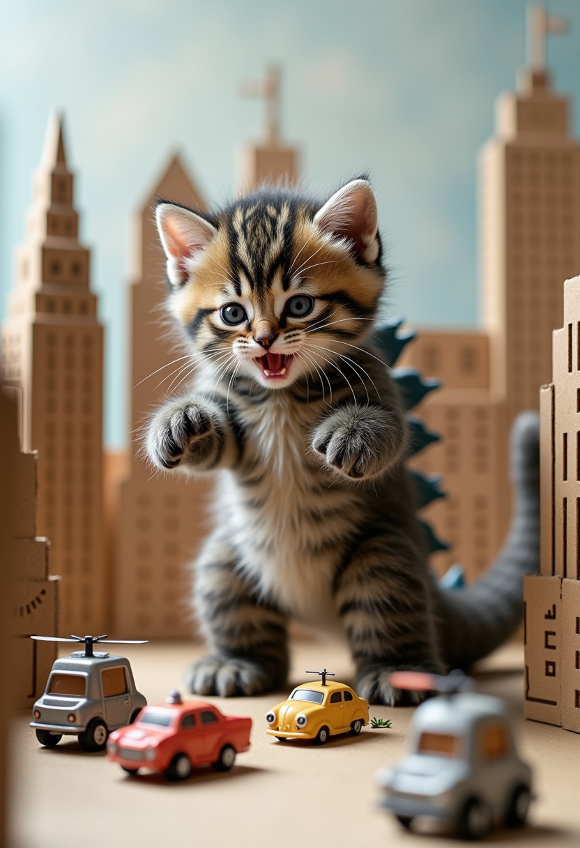 A tiny, chubby kitten dressed in a Godzilla costume stomps playfully through a city of miniature skyscrapers made from cardboard. The kitten is batting at toy helicopters and tiny cars with its fluffy paws, while its oversized costume tail knocks over buildings in the most adorable way.