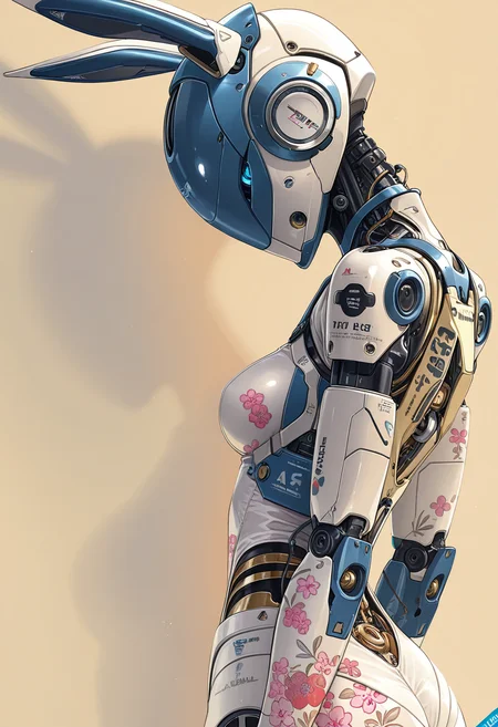 (hypersexualized, erotic, suggestive, intimate, provocative), 1girl, (detailed eyes), (pretty face), (detailed face), photo-realistic, realistic skin, realistic textures, detailed skin, photorealistic, ultrarealistic, 8k, A digital illustration shoot from a profile camera angle about a futuristic humanoid robot with a rabbit-like design, standing against a plain beige background. the robot, positioned in the middle of the image, has a sleek, white and blue color scheme with intricate floral patterns on its body. it has a long, curved blue horn protruding from its head, giving it an anthropomorphic appearance. on the upper body, the robot appears to be a female, with a slim, muscular build and a small, round, red-lipped eye. her facial expression is neutral, and she is facing away from the viewer, with her upper body visible from the camera. she is wearing a form-fitting, white bodysuit with pink floral patterns, and her hair is styled in a short, bunny-like fashion. the background is a soft, pastel beige color, which contrasts with the robot's sleek design and the intricate patterns on her body. overall, the image has a high level of detail and realism, making it a visually striking piece of art. 1girl, solo, rating:sensitive, breasts, rabbit ears, animal ears, ass, robot, science fiction, medium breasts, robot joints, fake animal ears, joints, helmet, mechanical parts, from behind, floral print, score_9, score_8_up, score_7_up