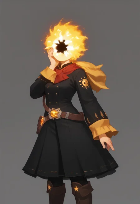 score_9, score_8_up, score_7_up,
lord_of_frenzy, fire head,
novakin, faceless, no eyes, no mouth, no nose, no facial features, short fiery yellow orange hair, body made of black plasma,
magical girl outfit, steampunk dress, boots,
shaft head tilt
simple background, grey background,
yandere trance, hands on own face, hands on own cheeks