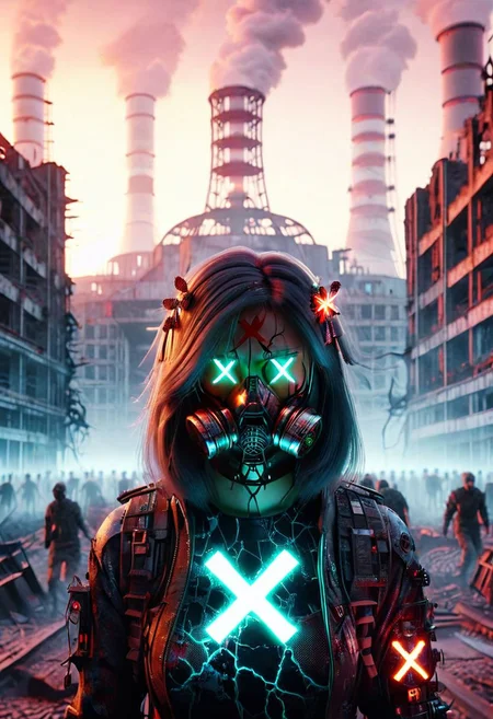 4D render, Chernobyl disaster, nuclear , Apocalypse,girl, detailed face, portrait, glowing x, minimalist outfit, anti social , ,cyberpunkartstyle,ruined ancient city,Professional styling, intricate details,8k post production, faithful, Religious denomination,