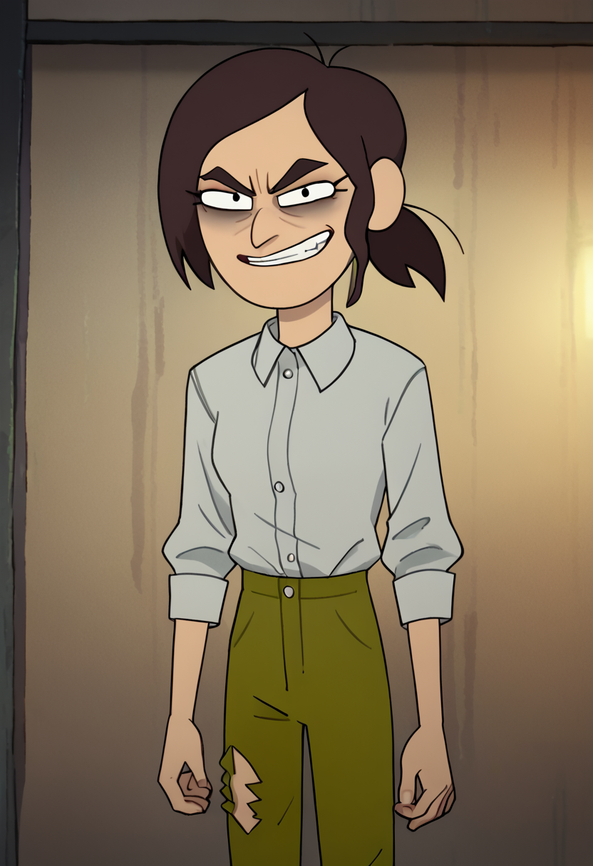 <lora:ReaganInsideJobPony1.0:1>reaganij, 1girl, short ponytail, solo, brown hair, grey shirt, green pants,evil grin,   looking at viewer, score_9, score_8_up, score_7_up, score_6_up, score_5_up, score_4_up