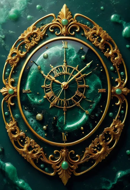 made from jade and obsidian, jade, obsidian,score_9, score_8_up, score_7_up, expensive looking, clock, golden clockhandsб golden metal pattern (mtlartCE_style)