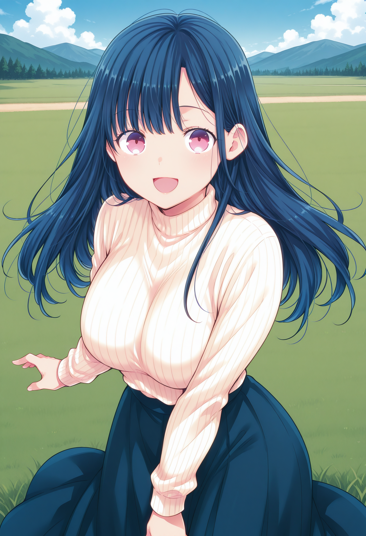 kanemochi_shori, pink eyes, purple eyes, blue hair, long hair, bangs, turtleneck, white sweater, ribbed sweater, long skirt, blue skirt, <lora:kanemochi_shori_illustrious_ver1:0.8> 
smile, open mouth,, masterpiece, best quality, sensitive,, 1girl, solo, blue sky, (grasslands:1.2), looking at viewer,, (cowboy shot, dynamic pose:1.4),