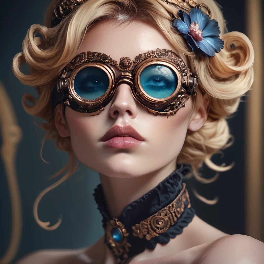 core_9, score_8_up, score_7_up, score_6_up, <lora:RococoSteampunkPony:1> ArsMJStyle, Rococo Steampunk, The image shows a woman wearing a black dress and a pair of steampunk goggles with blue lenses. The background is slightly blurred giving the image a dreamy ethereal feel., 1girl, solo, goggles, lips, blonde hair, portrait, blurry, choker, realistic, short hair, flower, closed mouth, blurry background, bare shoulders