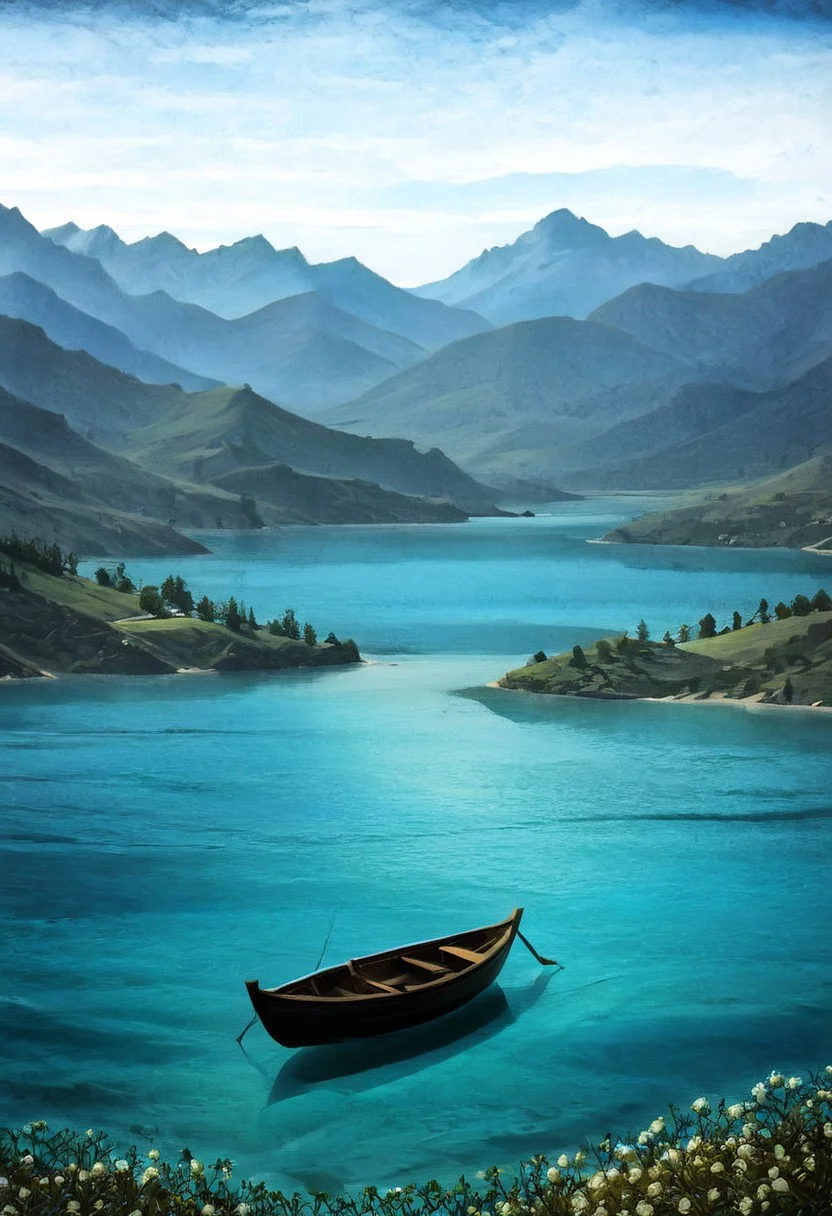 A lonely boat glides fatally Through the cold waters of endless sadness, Only heaven knows everything about our orphanhood And about the pain that is bound by the oath of silence, There are islands of solace somewhere And the salvation shore For someone who knew how to believe, new stars are born there And almonds bloom in the mountains For someone who knew how to wait, detailed, hdr 8k, best quality, masterpiece, dark art