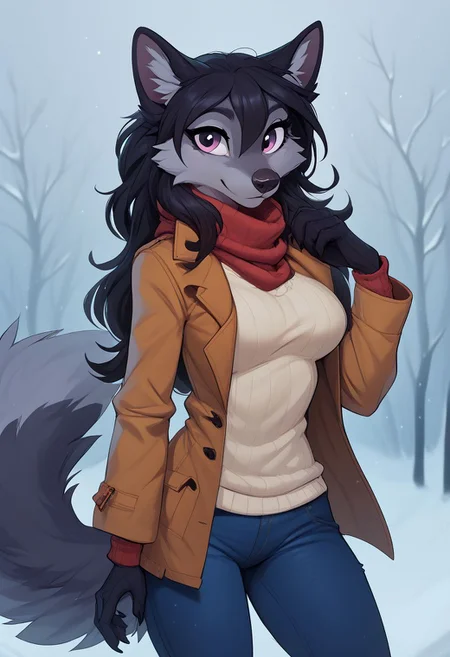 score_9, score_8_up, score_7_up, score_6_up, score_5_up, score_4_up, solo, hio, furry, claws, three-tone gray fur, pink eyes, furry female, paws, wolf, long hair, wolf tail, dark gray hair, neck fur, scarf, wearing coat, winter, snowy day, sweater, long jeans, cute, adorable, sexy, sexy posing, medium breasts, 4k, quality art, digital art,