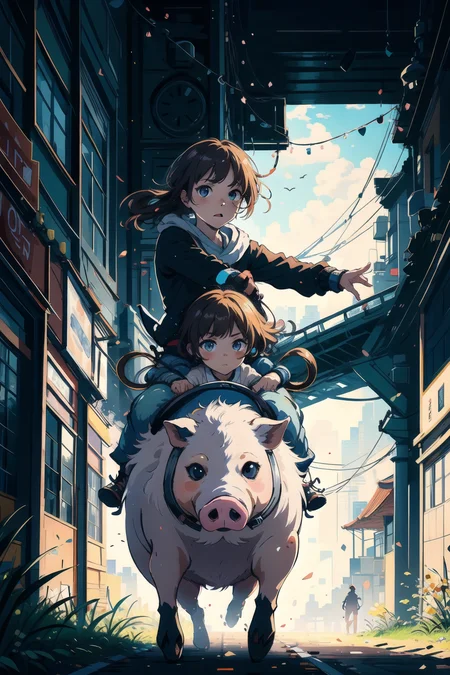 a chibi girl riding pig,(by Artist Jan Hendrik Weissenbruch:1.3)