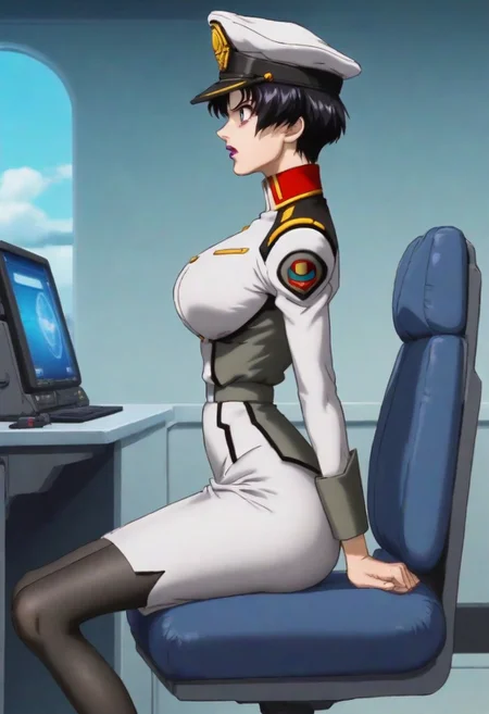 score_9, score_8_up, score_7_up, zPDXL3, Expressiveh, source: anime, anime screencap, anime coloring, natarle, 1girl, solo, blue sky, purple eyes,black hair,short hair, purple lips, perfect face, detailed face, perfect lips, ultra-detailed eyes, detailed hair, (perfect anatomy, perfect proportions), large breasts, ultra-narrow waist, ultra-fit figure, ultra-flared hips, ultra-round ass, butt crack, tight ass, shapely legs, peaked cap, military uniform, skirt, pantyhose, boot, indoors, detailed backgrounds, science fiction, naval warship interior, modern warship, command bridge, sitting in captain's chair, leaning back on chair, sci-fi consoles, crew in background, shouting orders, grasping the edges of her seat, determined, expressive, focused, looking forward, focus on face, viewed from side
