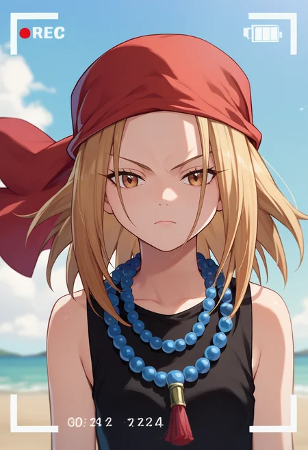 score_9, score_8_up, score_7_up, source anime , 1girl, camera frame ,  <lora:Anna kyouyama:1> kyouyama anna, blonde hair, short hair, brown eyes, black dress, red bandana, bead necklace,  <lora:Camera frame-000013:1>