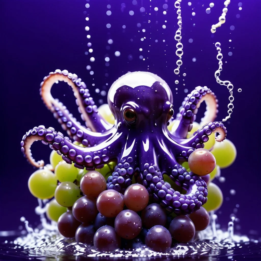 octopus tentacles made of grapes, splash water, flashing particles, depth of field, violet background, made from grapes