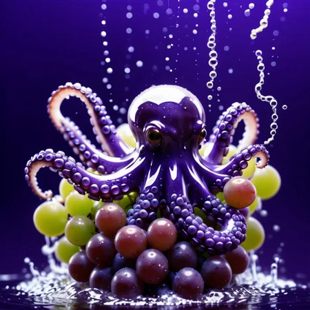 octopus tentacles made of grapes, splash water, flashing particles, depth of field, violet background, made from grapes