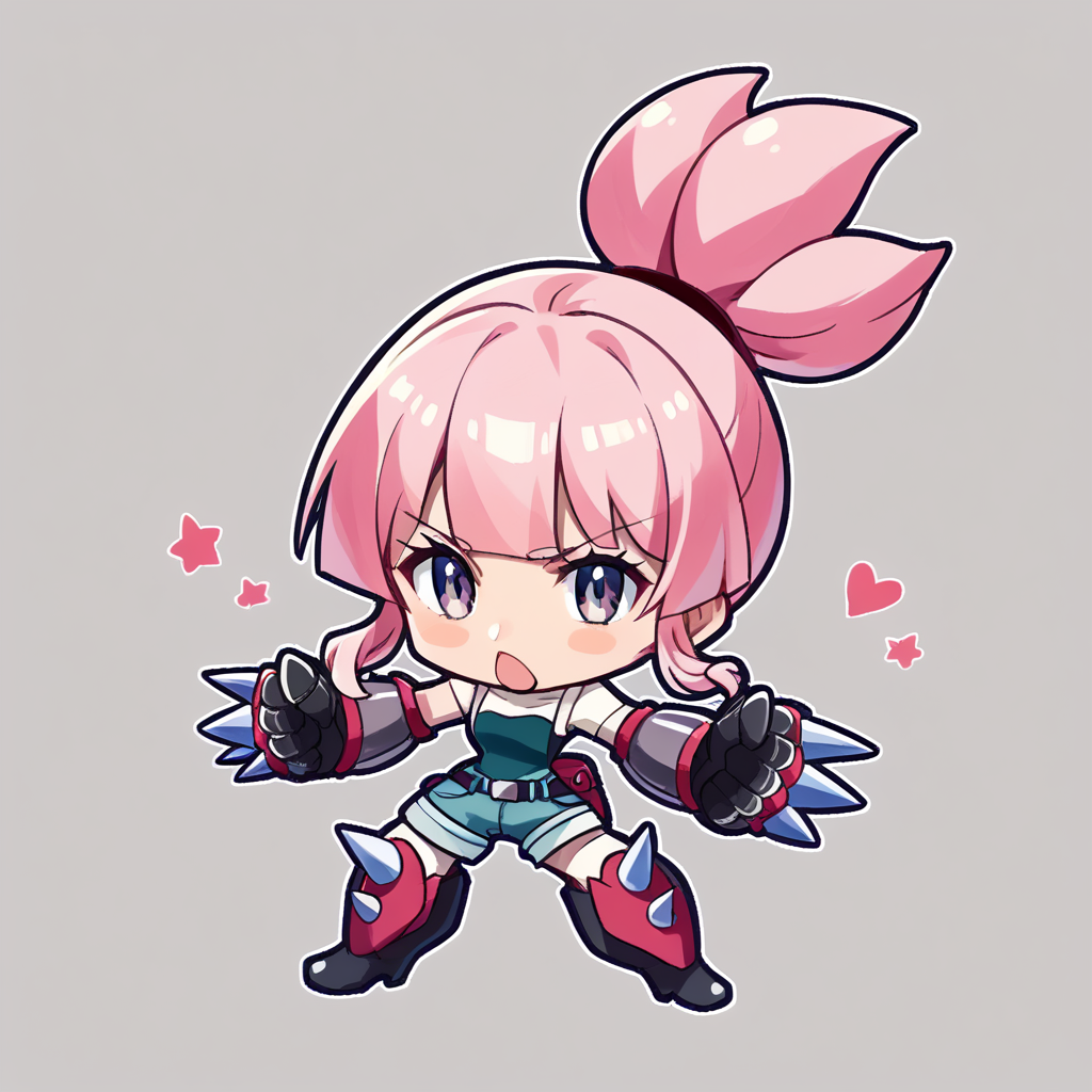 (score_9, score_8_up, source_anime:1.2), BREAK naguri, 1girl, chibi, gauntlets, boots, pink hair, short shorts