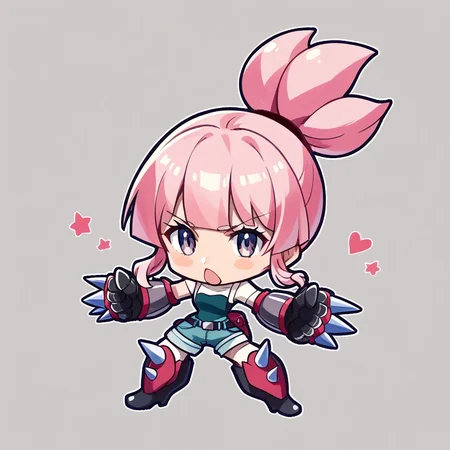 (score_9, score_8_up, source_anime:1.2), BREAK naguri, 1girl, chibi, gauntlets, boots, pink hair, short shorts