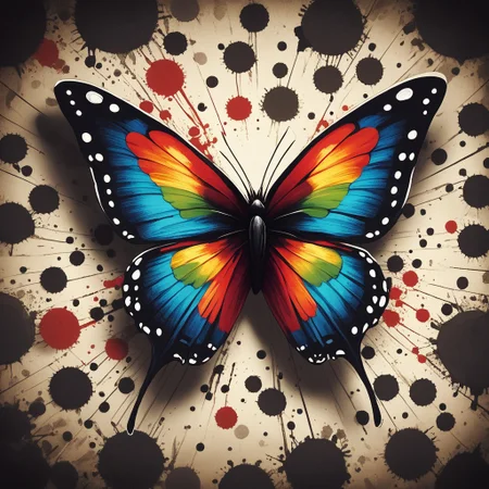 score_9, score_8_up, score_7_up, masterpiece, best quality, good quality, highly detailed, absurdres, intricate details, detailed eyes, detailed background, ink splats, rainbow splatter, squished butterfly, checkered background, Jedtoon,cartoon
